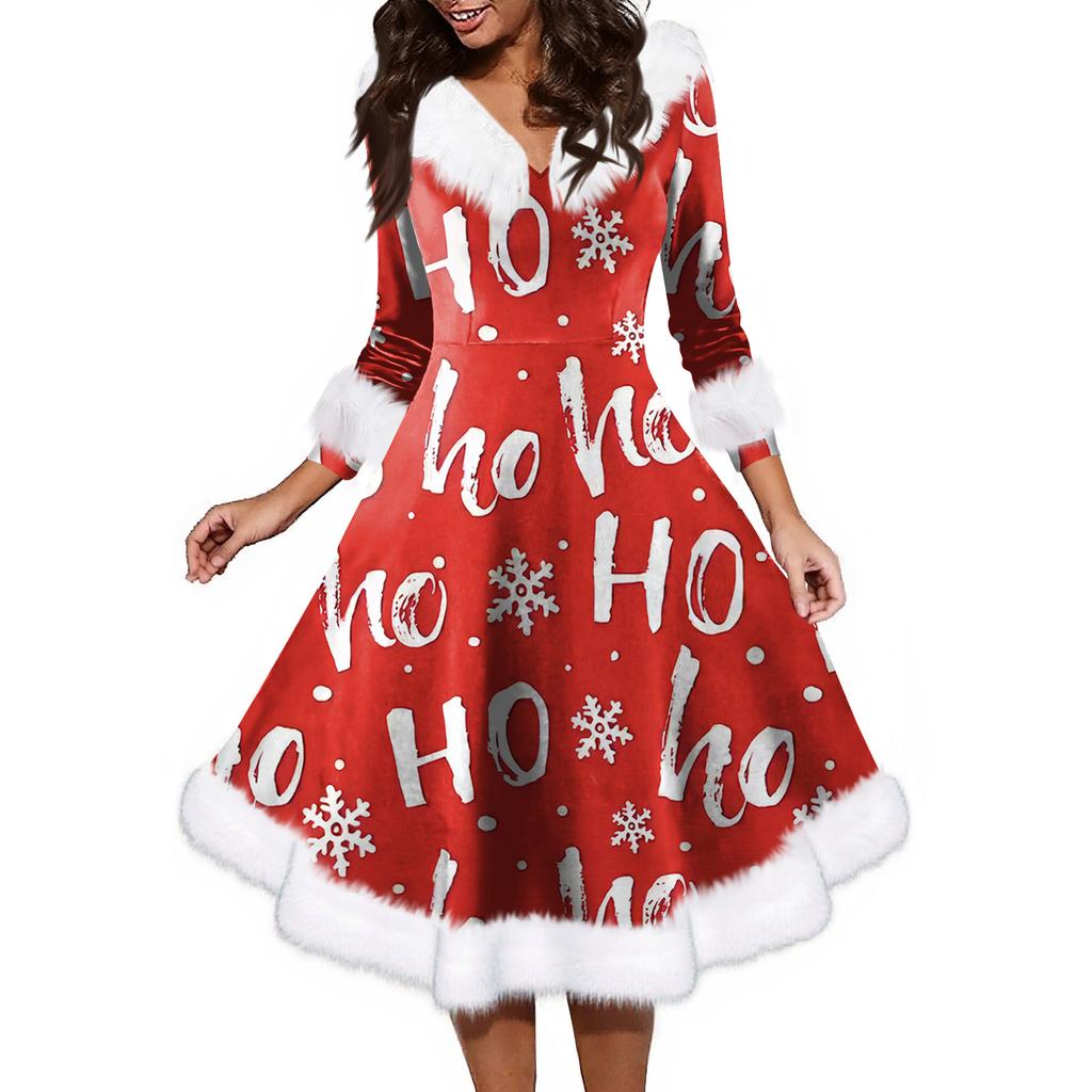 Women's Fashion V-neck Casual Fit Christmas Print Party Long Sleeve Dress
