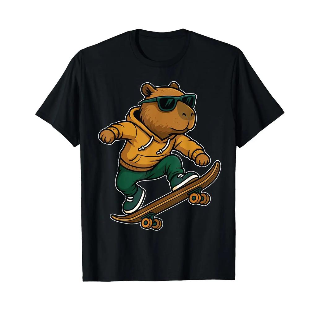 Skateboard Capybara Riding Skater T Shirt vintage Washed Comfortable Casual Breathable Stretched Top For Everyday Wear graphic
