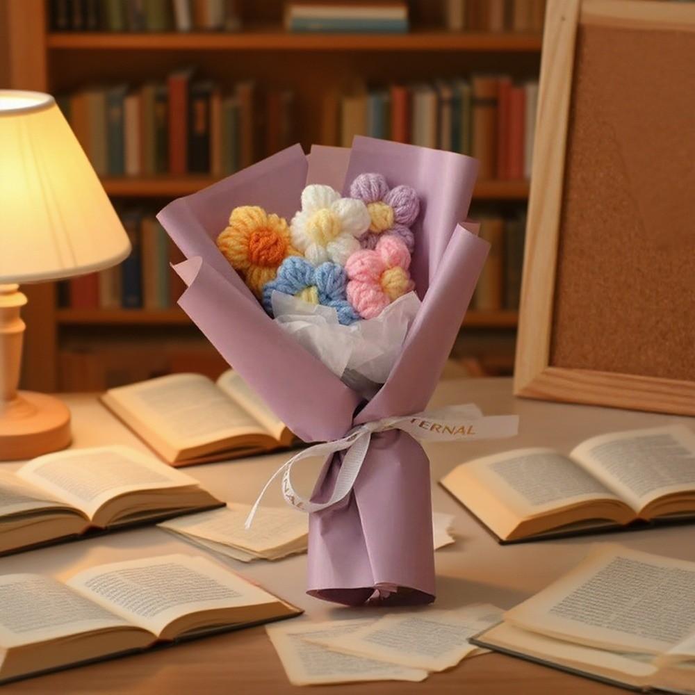 Cute Artificial Crochet Flowers Bouquet Handmade Mini Size Knitted Puff Flower 5 Stems Simulation Knitted Flower Teacher's Day