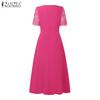 ZANZEA Women Casual Round Neck Short Sleeve Summer Lace Patchwork Dress