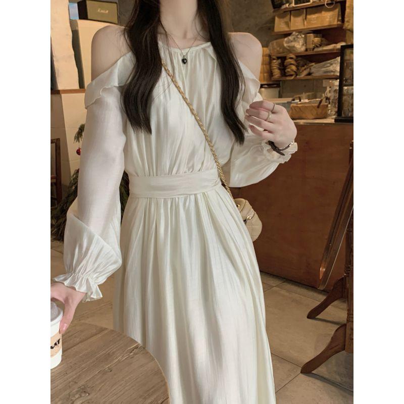 Kumikumi Gentle Apricot Long Sleeves Dress Women's Autumn French Style Temperament Chic Slimming and Shoulder Hollow Long Dress