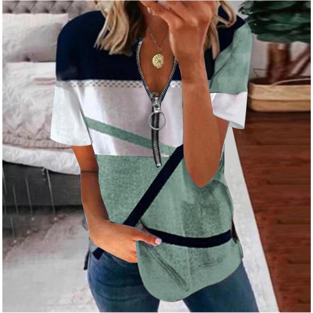 EastRogue Women's Fashion Casual Summer Print Short Sleeve Zip Collar Loose Blouses & Shirts