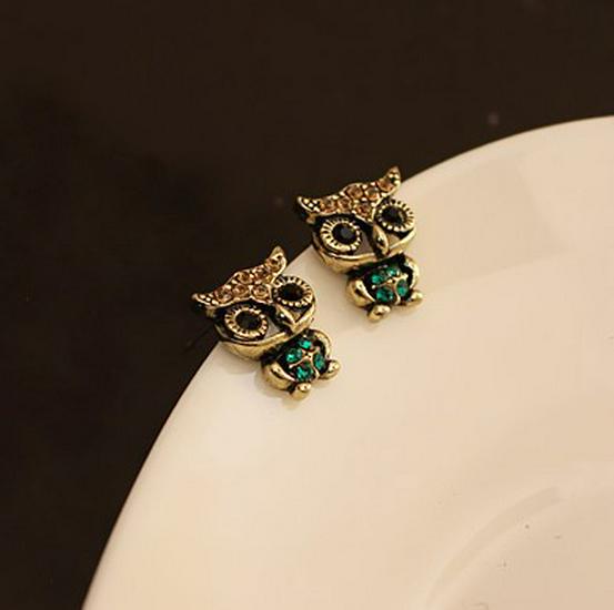 European Retro Owl Rhinestone Stud Earrings - Cute Korean-Style Accessories