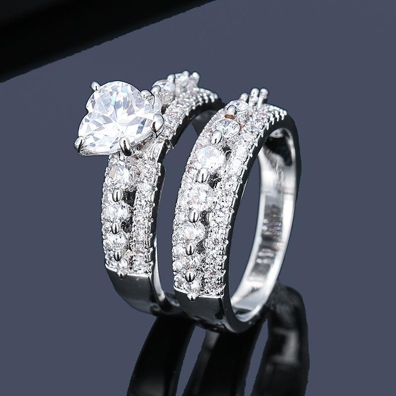 Inlaid Heart Cubic Zirconia Metal Double Ring - Stylish Couple s Hollow Band Size 6 платиновый/белый