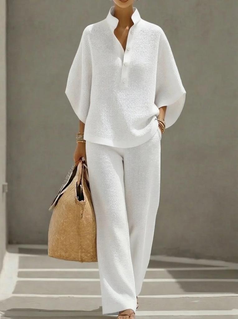 2026 European and American Cross-border Women's Clothing Casual Loose Breathable Solid Color Button-up Shirt Top Wide-leg Pants Set Summer