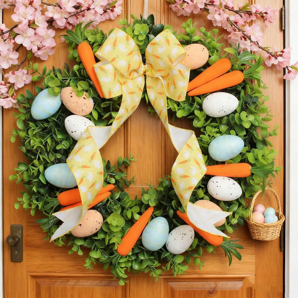 Easter Wreath Handmade Cute Egg Carrot Design Festive Garland Front Door Wreath Decor For Window PorchWall Indoor 40x40cm