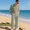 Mens Linen Two Piece Set Long Sleeve Button Down Shirt with Collar and Pocket Relaxed Fit Drawstring Waist Pants Beach Outfit