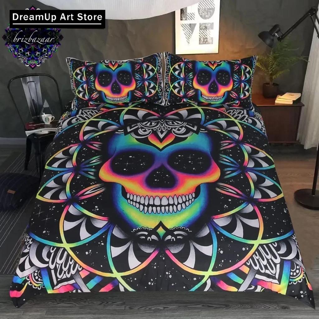 Black Skull Skeleton Bedding Set Paisley Floral Gothic Luxury Soft Bedding Set Bed Set Quilt Cover Twin Single Queen King Size