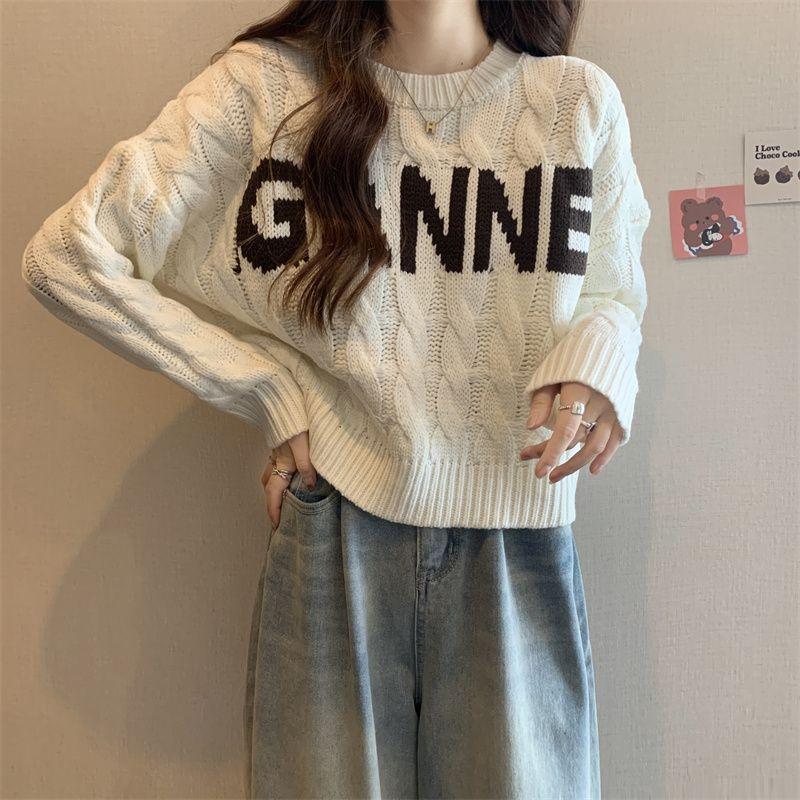 Sweet Cool Crewneck Twist Sweater Women's Design Sense Niche Lettering Loose Cropped Top