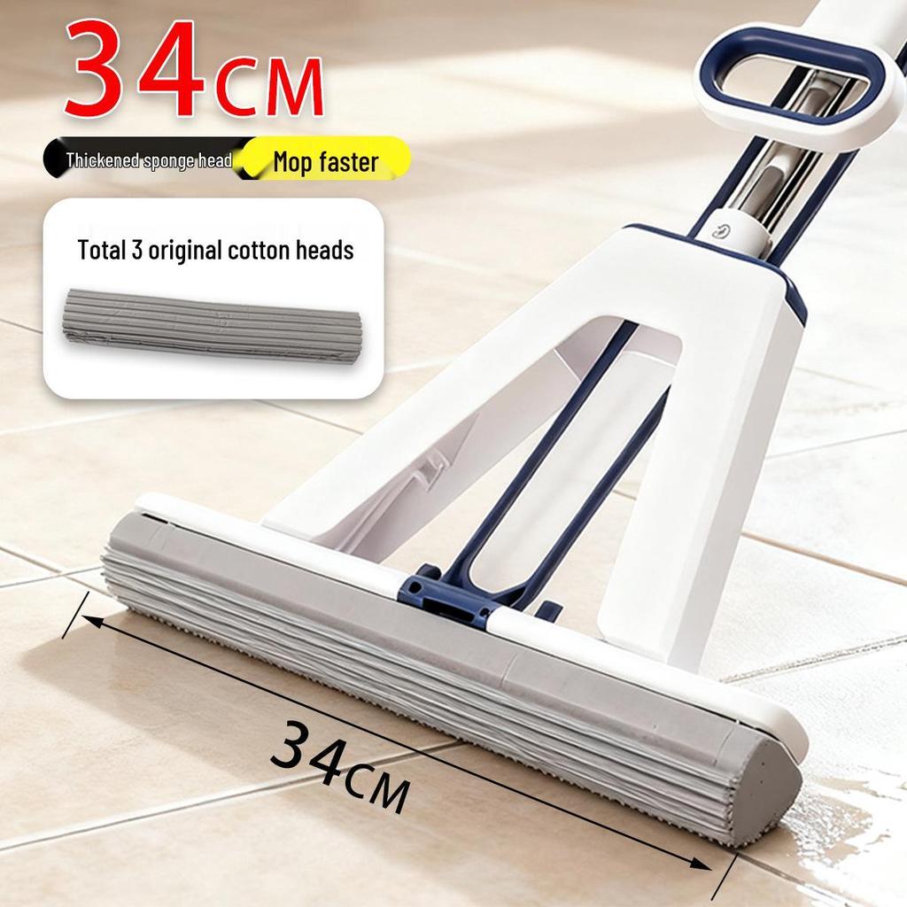 Hands-Free Foldable Sponge Mop: Absorbent Rubber Cotton Head Cleans Living Room and Kitchen Floors Efficiently