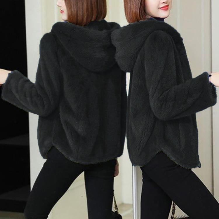 Warm Lamb Wool Jacket Women Loose Hooded Sweater Solid Color Double Sided Coral Velvet Zippered