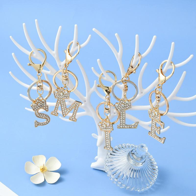 Unique Crown Crystal Rhinestones A-Z Letters Pendant Keychains For Men Women 26 Alphabet Car Key Ring Name Jewelry Keyrings Gift