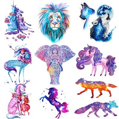 Transferência de unicórnio de animais coloridos para roupas, leão misterioso, elefante, transferência térmica para roupas, apliques para camiseta faça você mesmo