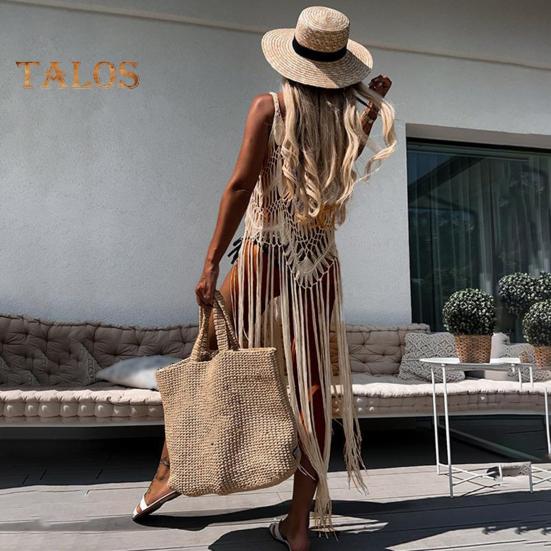 Boho-Strandkleid für Damen, hohler Fransensaum, sexy Überzugskleid, Sommer-Badeanzüge, Kittel, Häkelquaste, Sling-Strandmode