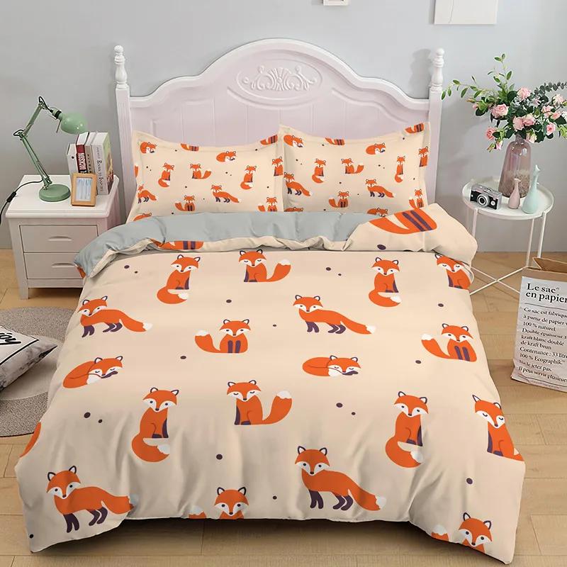 Cartoon Fox King Queen Duvet Cover Lovely Orange Animal Floral Bedding Set Kids Girls Flowers Plant 2/3pcs Polyester Quilt Cover
