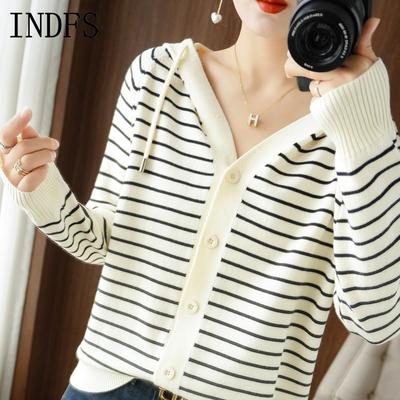 INDFS Women's Fashion Casual Fall Winter Stripe Print Long Sleeve Hooded Sweaters