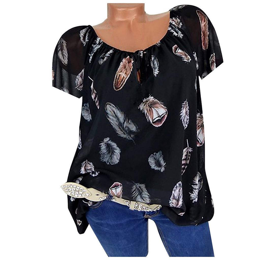 Women Summer Casual Fashion Printed V-neck Short Sleeve Top Blouse T-Shirt