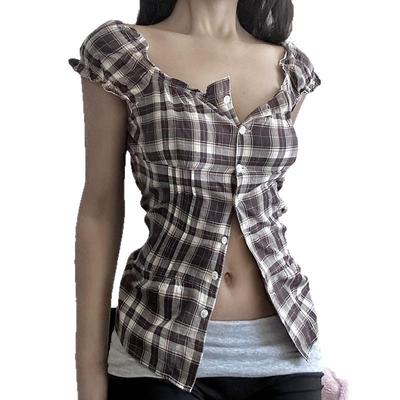 Plaid Shirt Women's Korean Edition Bubble Sleeve Button Cardigan Casual Short Sleeve T-Shirt Summer