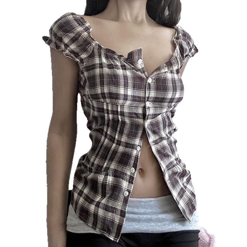 

Plaid Shirt Women s Korean Edition Bubble Sleeve Button Cardigan Casual Short Sleeve T-Shirt Summer S