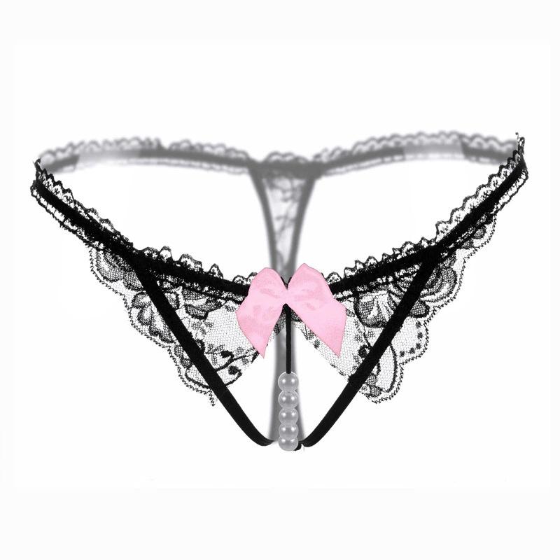 Sexy Women Open Crotch Thongs Lace Panties G-string Pearl Decor Underwear