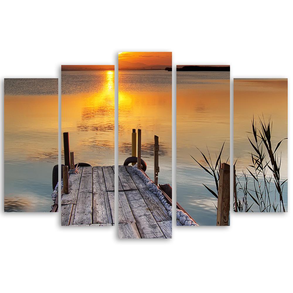 Femdelad bild tryckt på canvas Solnedgång Gångbro Sjö Natur