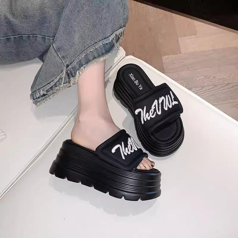 Summer new Velcro muffin thick bottom heightening one-word slippers women wear casual vacation cool slippers tide