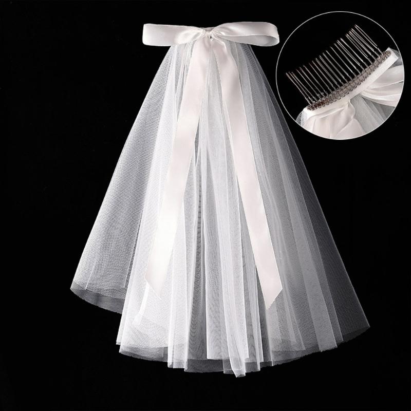 Wedding Veil with Metal Comb Wedding Hair Accessories for Flower Girl 2 Tier Tulle Length 18" Bow Ribbon Embellished