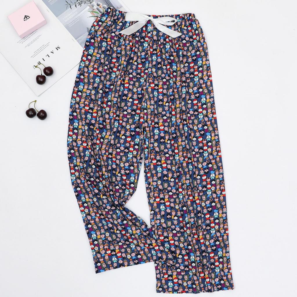 Women's Cotton-Silk Cartoon Pajama Pants, Summer Thin, Black & White Wide-Leg, Plus Size, Outdoor Beach Wear.