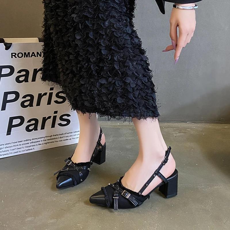 Sexy high heels, women's pointed toe patchwork open-heel sandals, 2025 summer fashionable casual party women's shoes