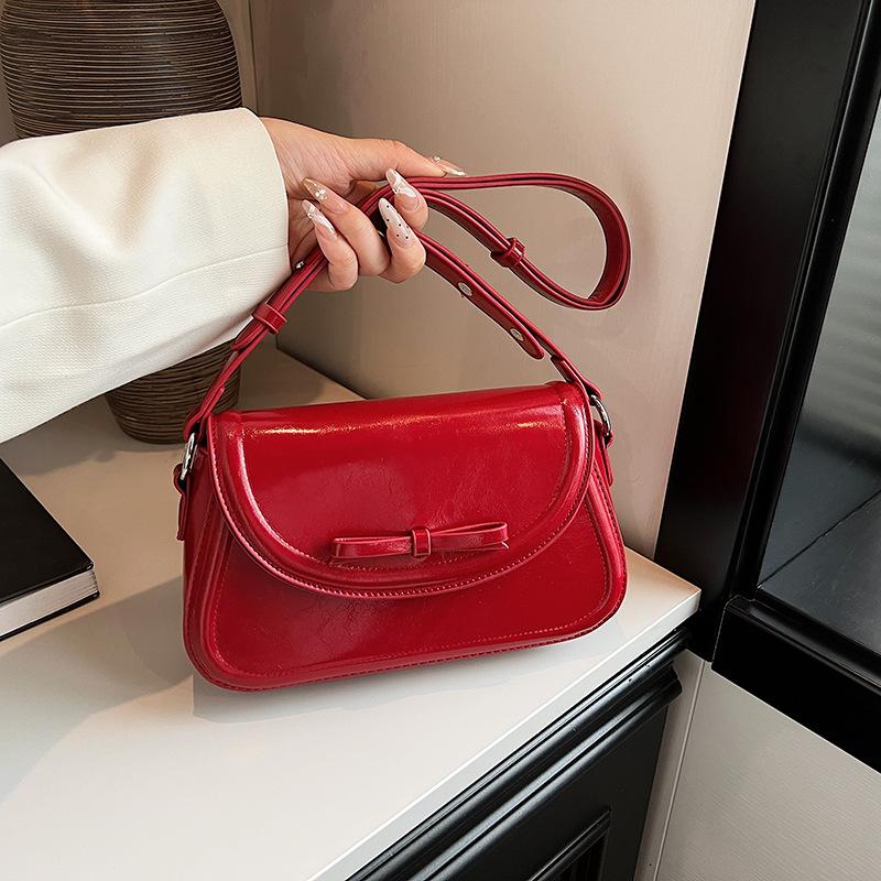 Red Bow Crossbody Bags for Women New Simple Versatile Single Shoulder Bag French Textured Leather Handbags Trend