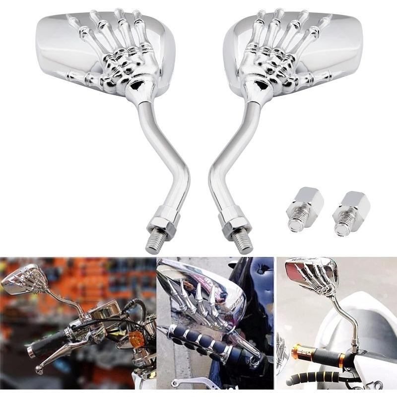 Chrome 8mm/10mm Motorcycle Skull Skeleton Rearview Side Mirrors Compatible with Honda Yamaha Kawasaki Suzuki Aprilia