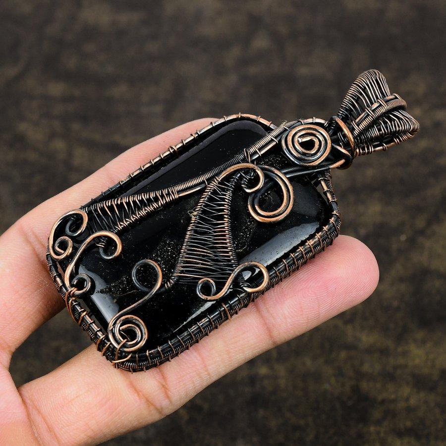 Black Botswana Druzy Copper Wire Wrap Jewelry Pendant 3.47" E4i55