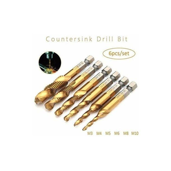 Lot de 6 forets taraudeurs HSS titane M3–M10, queue hex 1/4" (6,35 mm)