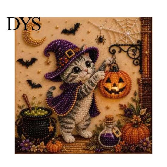 Halloween Party Supplies Cat Faux Pearl Painting Art Kit, Spooky 3D Beads Crafting Kits for Beginners Crafts, Cute Witch Gem Wall Adults, Craft Lovers