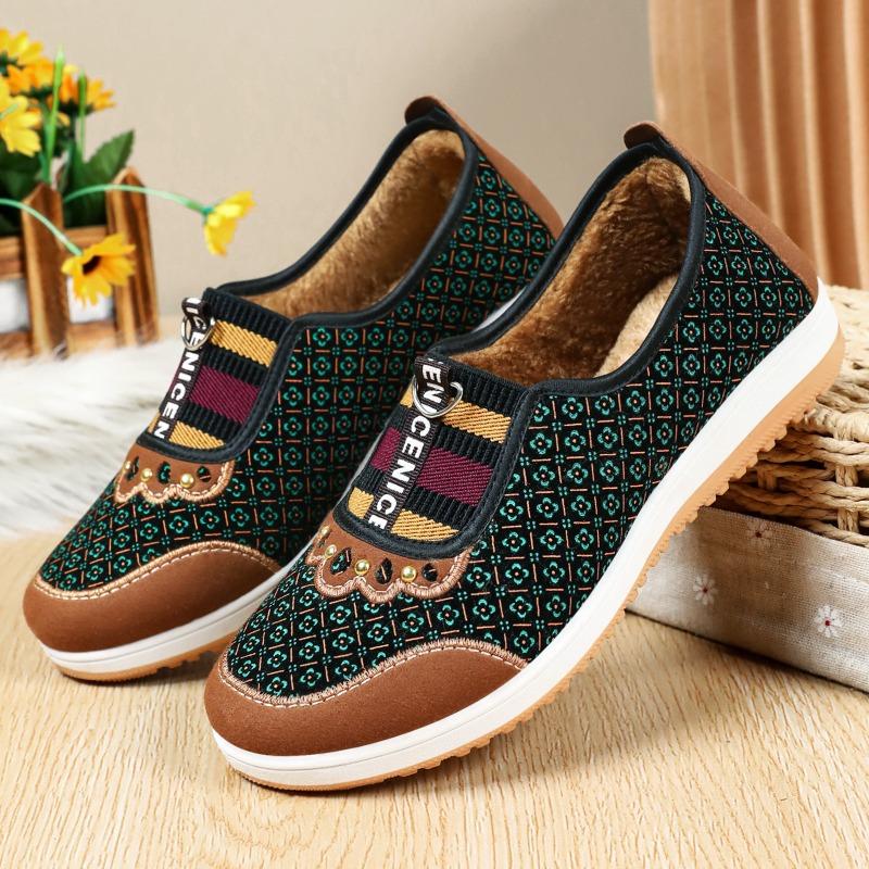 Schuhe Damen Baumwollschuhe Samt warm Schneestiefel flacher Schaft ein Pedal Mutter Schuhe kältefest verdickte Stoffschuhe vielseitige kurze Stiefel