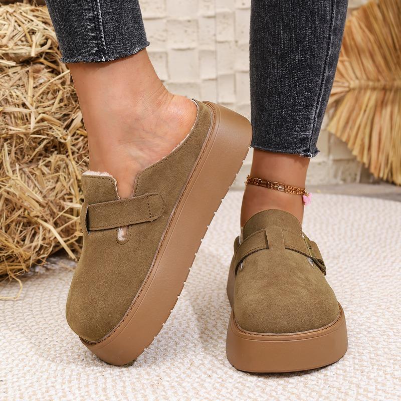 Fashion Platform Slippers Autumn and Winter New Round Toe Deep Mouth Metal Buckle Non-slip Wear-resistant Flat Shoes