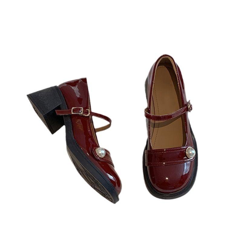 Francouzské mokasíny jaro a podzim nové boty na silném podpatku perlové slovo s burgundskými lodičkami Mary Jane na vysokém podpatku ženy