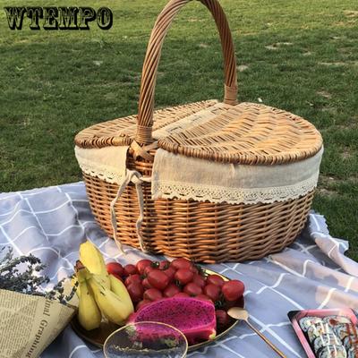 Handmade Large Wicker Basket Handle Picnic Bag Willow Woven Storage Hamper Double-Lid Camping Outdoor Fruit Holder Organizer