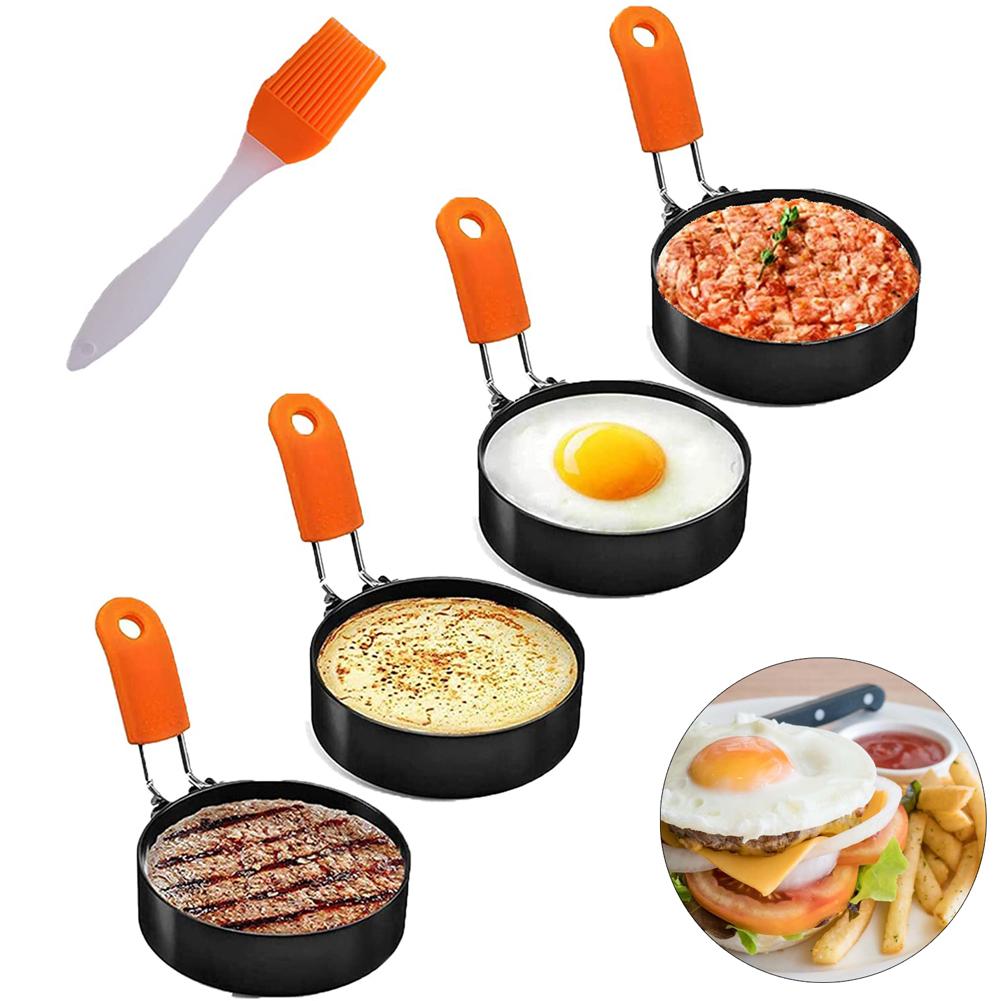 4 Stück Eierringe Antihaft zum Braten Runde Eierform mit Ölpinsel Spiegelei-Ring Edelstahl Eierkreise Eierformer