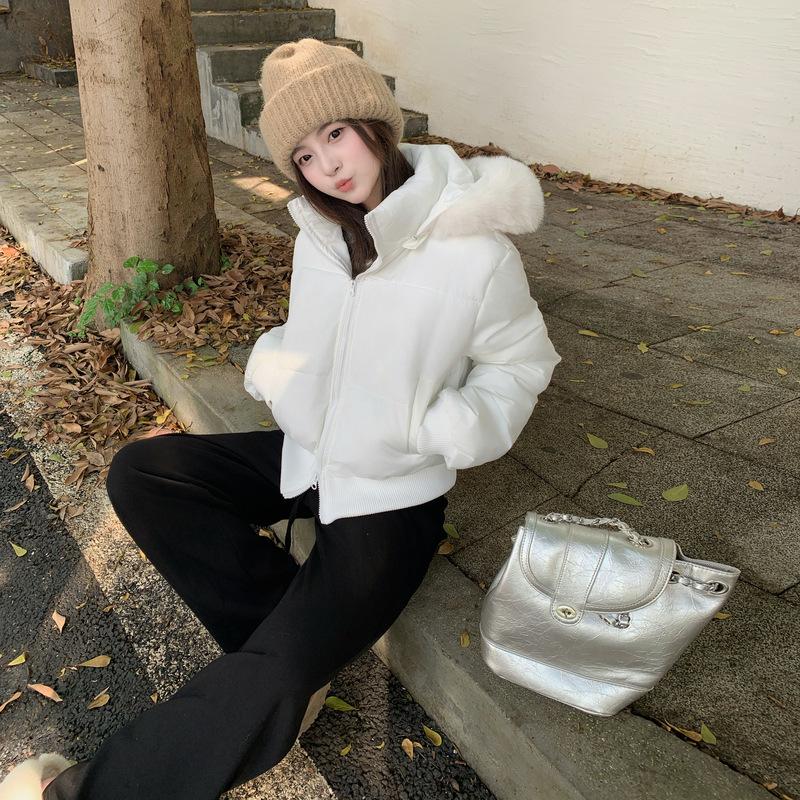 Navy Blue Cotton-padded Jacket Hooded Fur Collar Cotton-padded Jacket Women's Winter New Thickened Short Bread Coat.