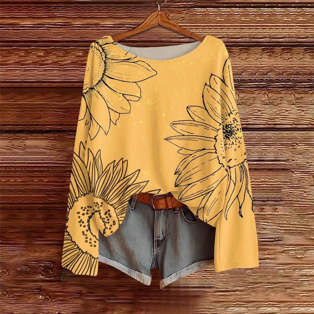 Langarmshirts für Damen Print Grafik T-Shirts Blusen Lässig Übergröße Basic Oberteile Pullover