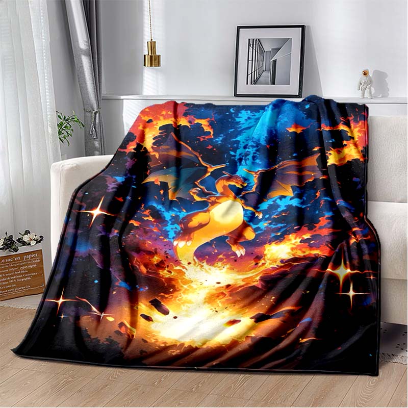 3D-Printed Cute Cartoon Charizard Blanket — Fluffy, Soft, and Warm Throw for Bedroom Decor and Home Comfort