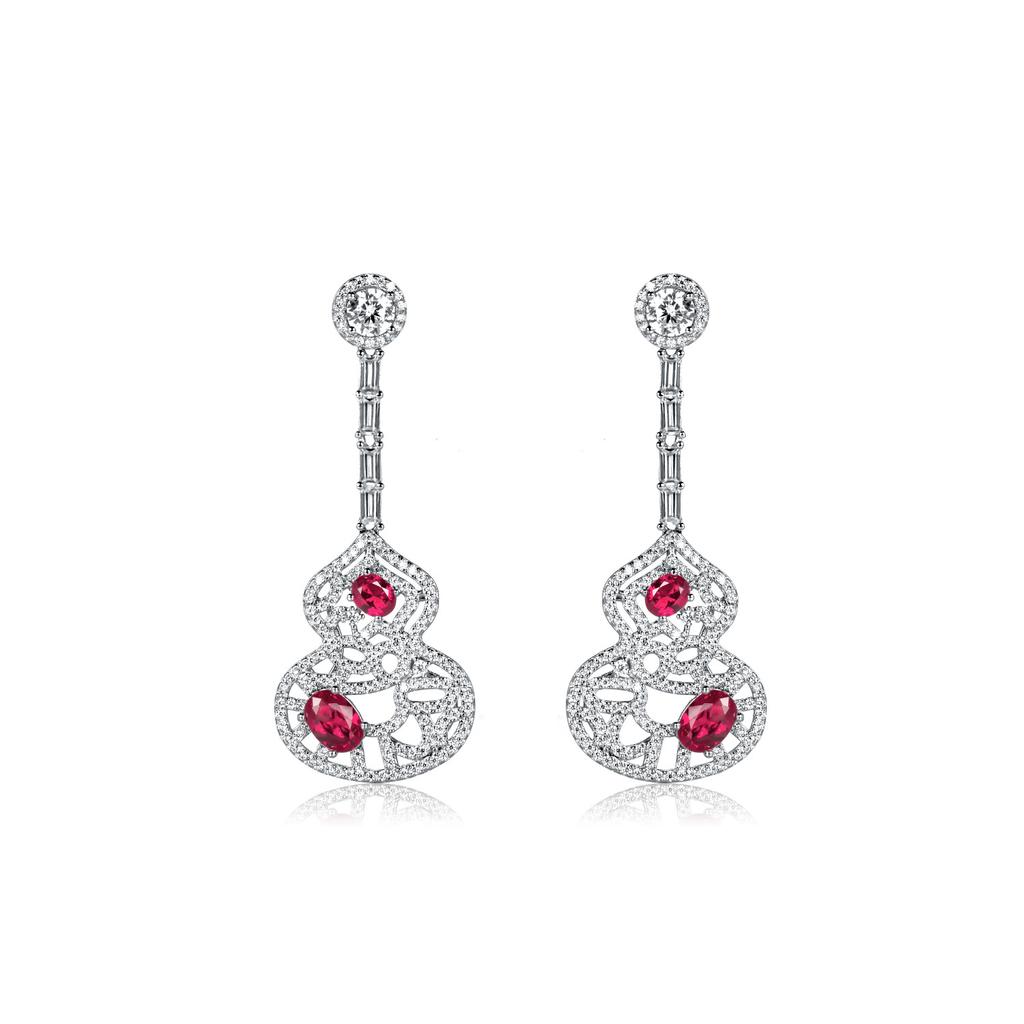 Light Luxury Ruby Necklace, Colored Treasure Earrings, Hollow Pattern Fulu Red Diamond Gourd Pendant, Simulated Emerald Set.
