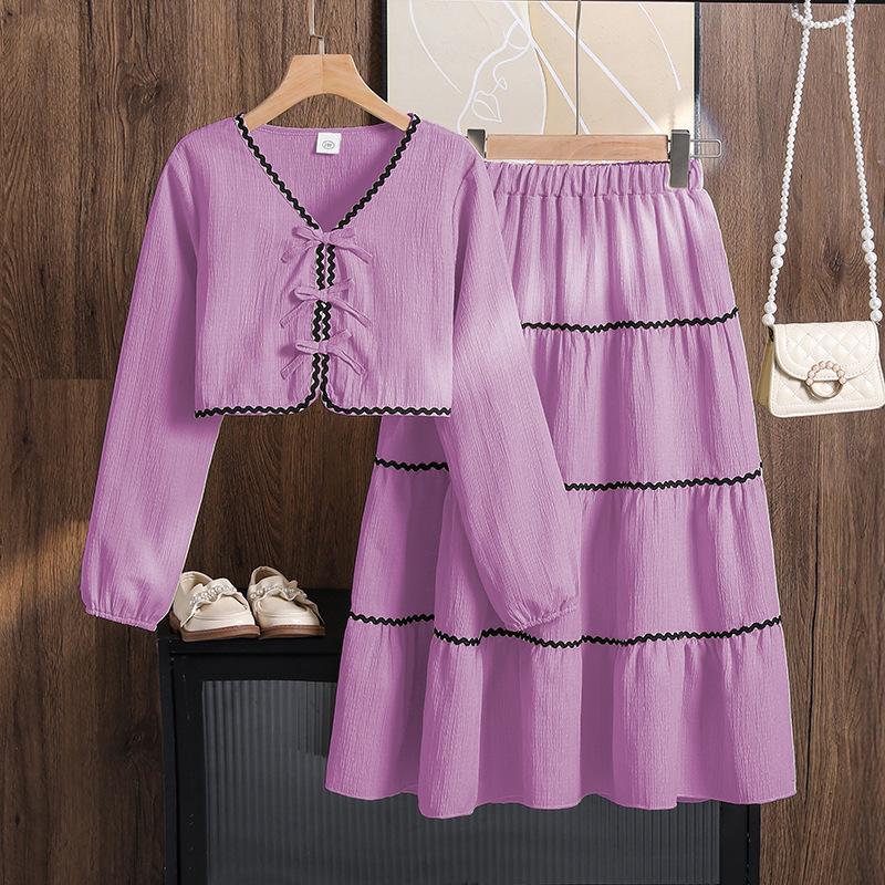 

Girls Simple Set - Spring/Autumn Children s Elegant Bowknot Long-Sleeved Top and Half-Dress Set 130cm=8Y