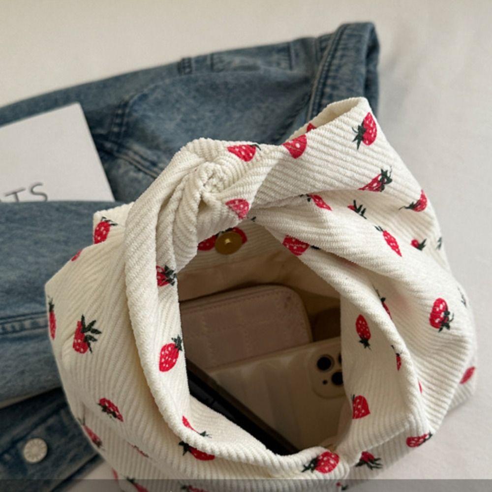 Canvas Cloth Bag Strawberry Printed Underarm Bag Fashion Corduroy Handbag  Mobile Phone Bag