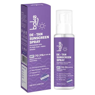 BAKE Sunscreen Spray SPF 70 PA++++ | Sweat Resistant & Waterproof - 180 Minutes | With 2% Kojic Acid & Alpha Arbutin | For Tan Removal, Pigmentatio