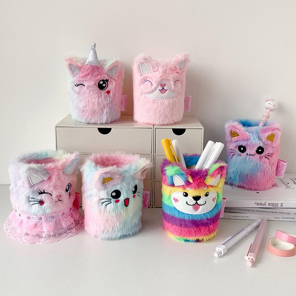 1 Piece Furry Cartoon Unicorn Pencil Holder for Kids Girl Cute Animal Kitten Puppy Sheep Desktop Organizer Makeup Brush Box