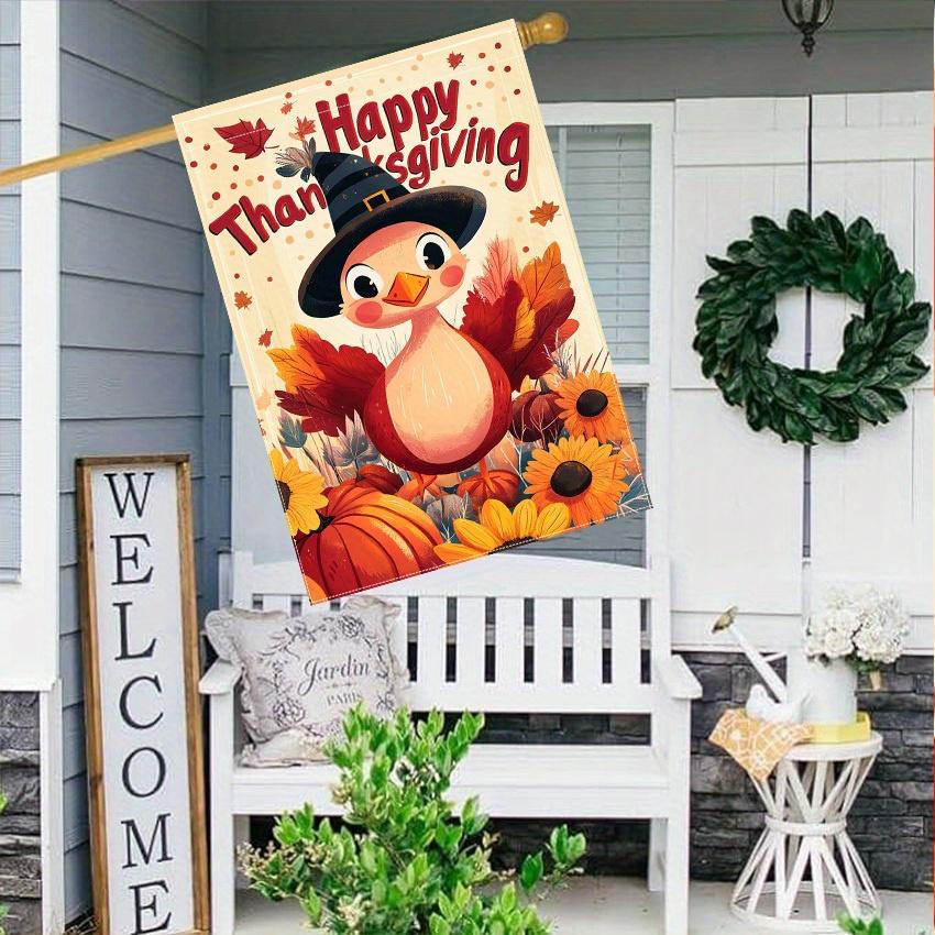 Happy Thanksgiving Double-Sided Garden Flag Polyester Turkey & Pumpkin Outdoor Decorative Flag for Yard & Lawn Without Electricity