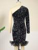 AOMEI Velvet Dresses One Shoulder Sequins Long Sleeve Bodycon High Waist Ruffles Mini Club Evening Cocktail Party Gowns