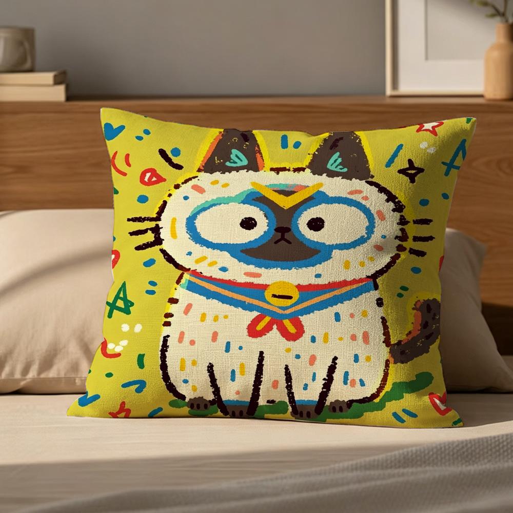 1P-Spring Day Cats Cushion Cover Cushion Cover Pillowcase, Anti-Mite Invisible Zipper, Linen Sofa Cushion